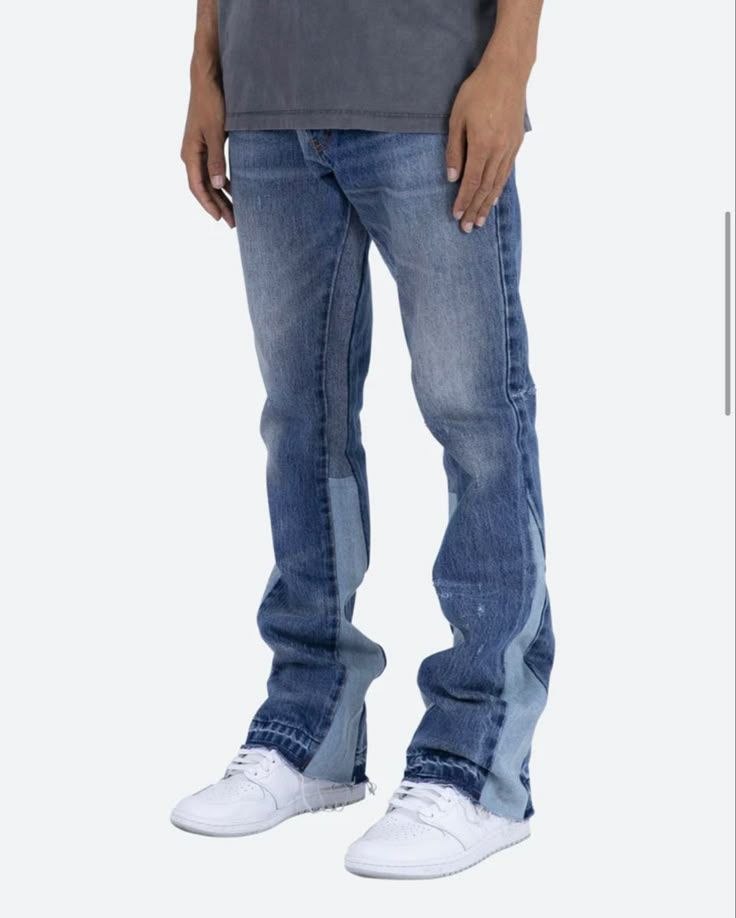 Reconstructed Mid-Wash Paneled Stacked Flare Jeans